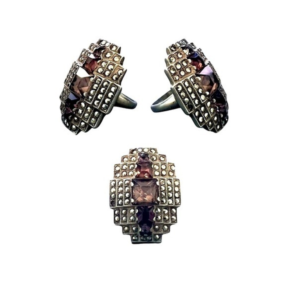 Classic Sterling Uncas Deco Amethyst Glass & Marcasite Silver Ring Antique